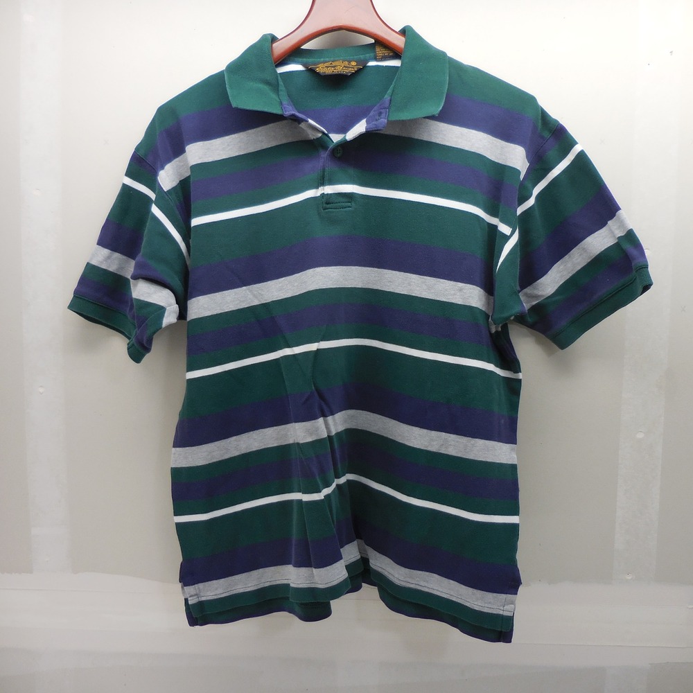 VTG Eddie Bauer Mens Large Green Navy Blue Striped Short Sleeve Pique Polo Shirt